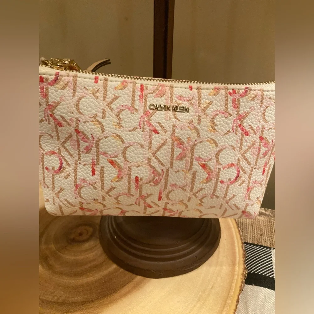 CALVIN KLEIN White With Pink Monogram Logo‎ Print Small Crossbody Bag New